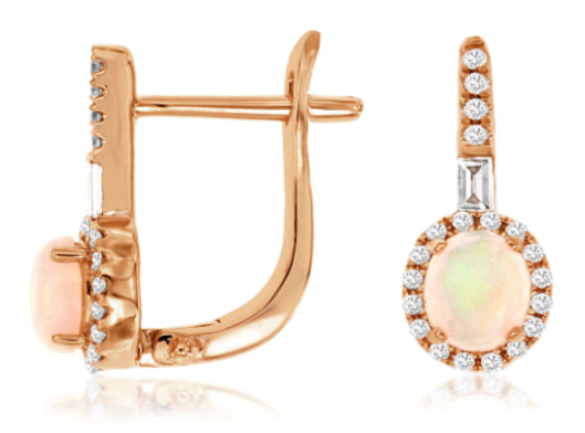 14KRG 2 OVAL OPALS 0.40CT & 40 ROUND DIAMONDS & 2 BAGUETTE DIAMONDS 0.20CTW HALO FASHION EARRINGS