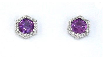 14KWG 2 HEXAGON AMETHYST 1.00CT & 12 DIAMONDS 0.05CT HALO STUD EARRINGS