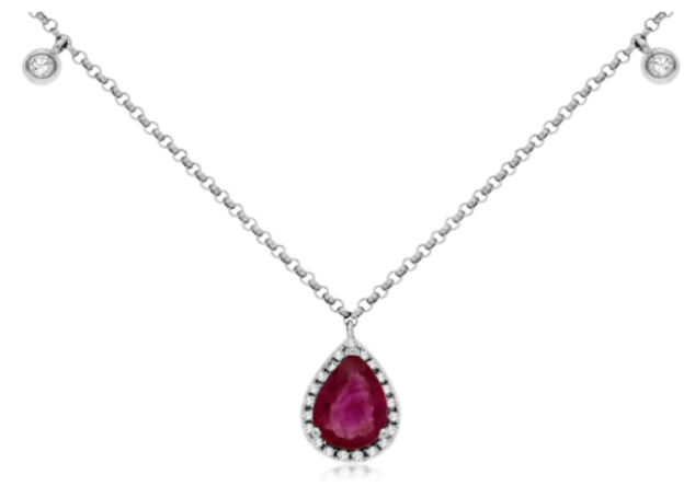 14K WG 0.75CT PS RUBY & 25 DIA'S 0.12CT FASHION STATIONARY PEND W/ CHARMS ON CABLE CHAIN 14K WG 0.75CT PS RUBY & 25 DIA'S 0.12CT FASHION STATIONARY PEND W/ CHARMS ON CABLE CHAIN