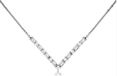 14KWG 8 BAGUETTE 0.27CT & 7 BR DIAMONDS 0.08CT "V" BAR NECKLACE -- 18"