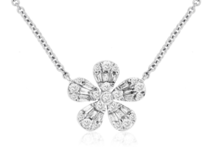 14K WG 26 RD DIA'S 15 BGE DIA'S 0.28CTW STATIONARY "FLOWER" PEND/NECKLACE- 18" 14K WG 26 RD DIA'S 15 BGE DIA'S 0.28CTW STATIONARY "FLOWER" PEND/NECKLACE- 18"