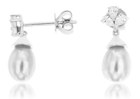 14K WG 2 PRLS & 6 PS DIA'S 0.28CT FASHION DANGLE EARRINGS