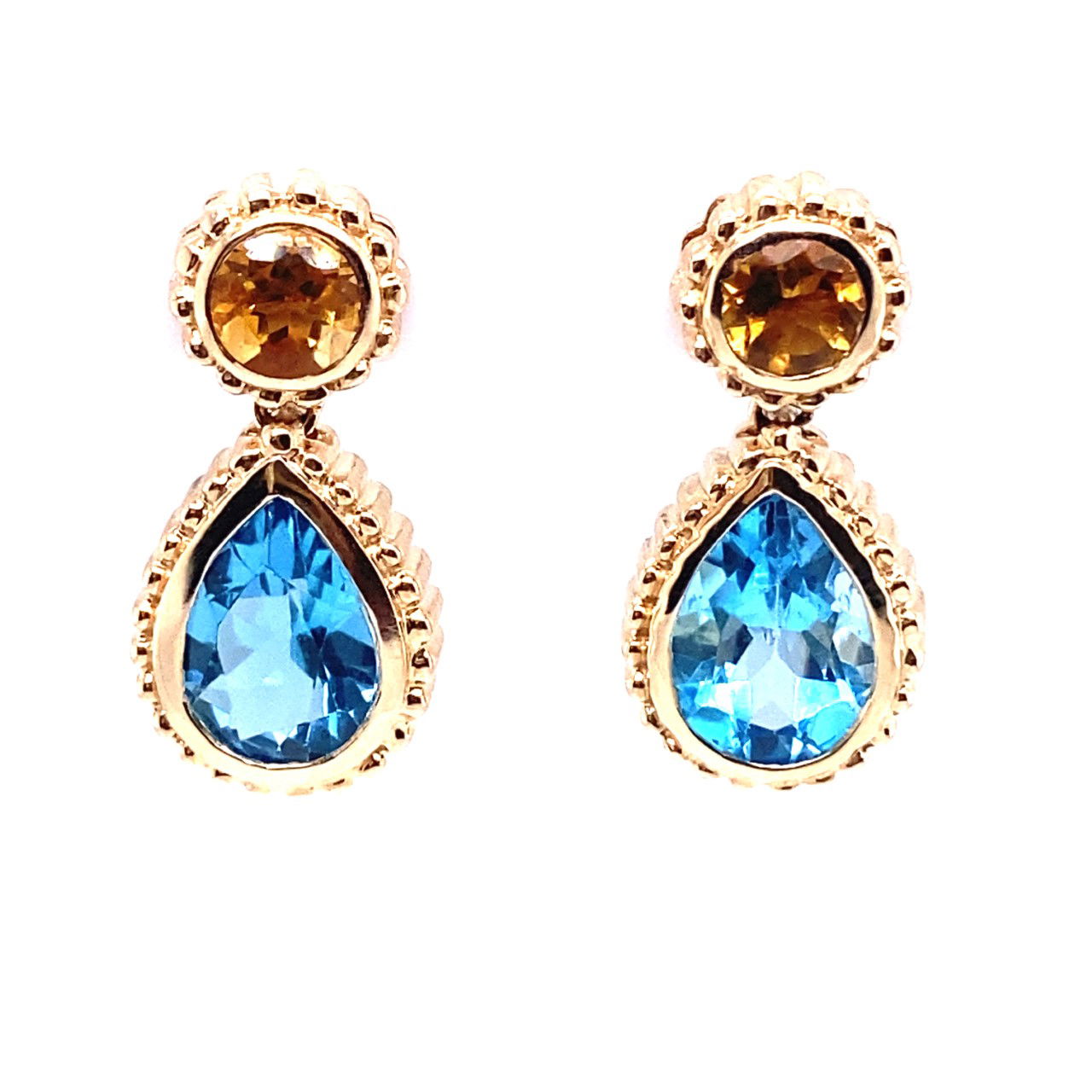 14K YELLOW GOLD 2 PEAR SHAPE BLUE TOPAZ & 2 ROUND CITRINE 6.60TCW DANGLE EARRINGS 14K YELLOW GOLD 2 PEAR SHAPE BLUE TOPAZ & 2 ROUND CITRINE 6.60TCW DANGLE EARRINGS