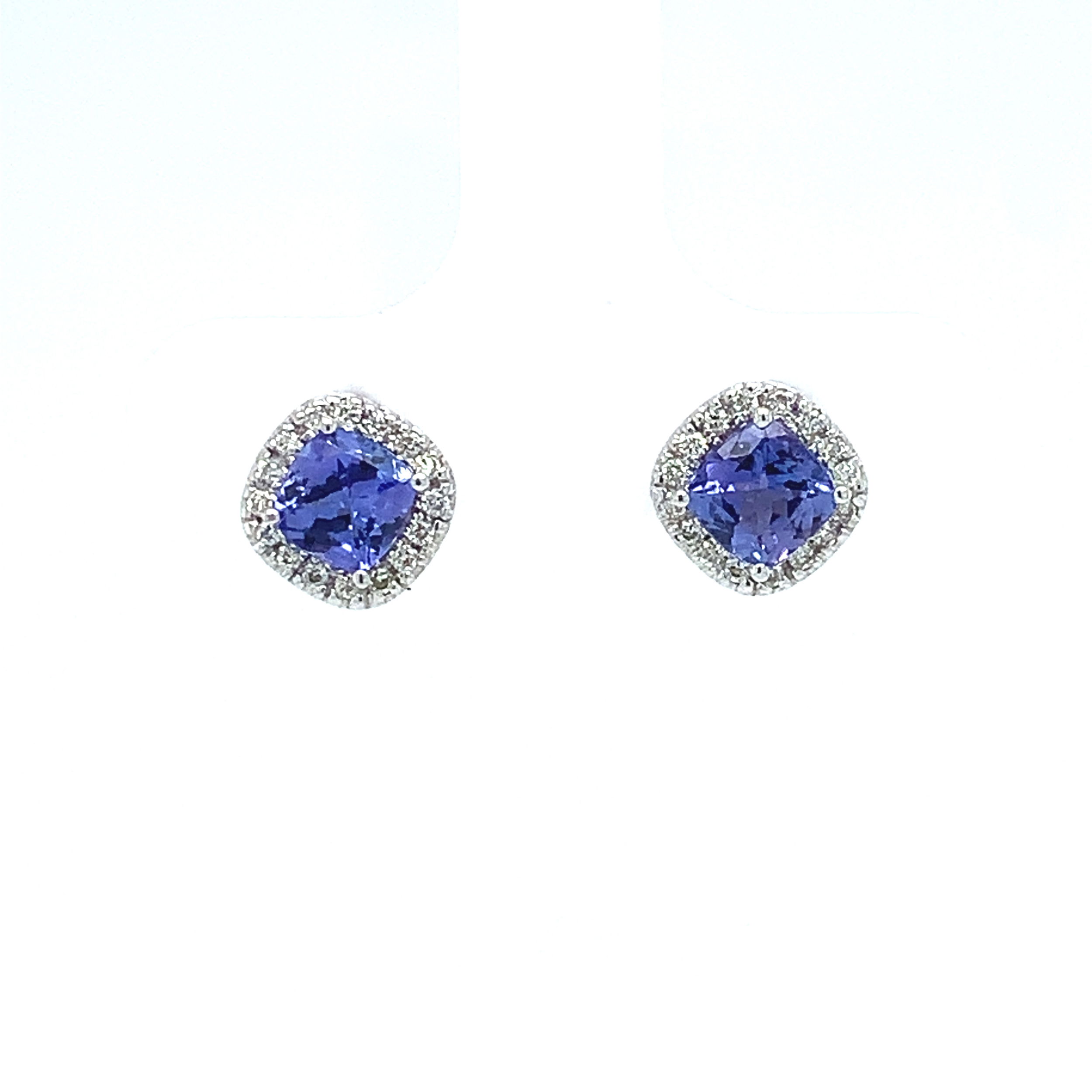 14K WG 2 CUSH TANZ 1.20CT & 32 DIA'S 0.16CT HALO STUD EARRINGS 14K WG 2 CUSH TANZ 1.20CT & 32 DIA'S 0.16CT HALO STUD EARRINGS