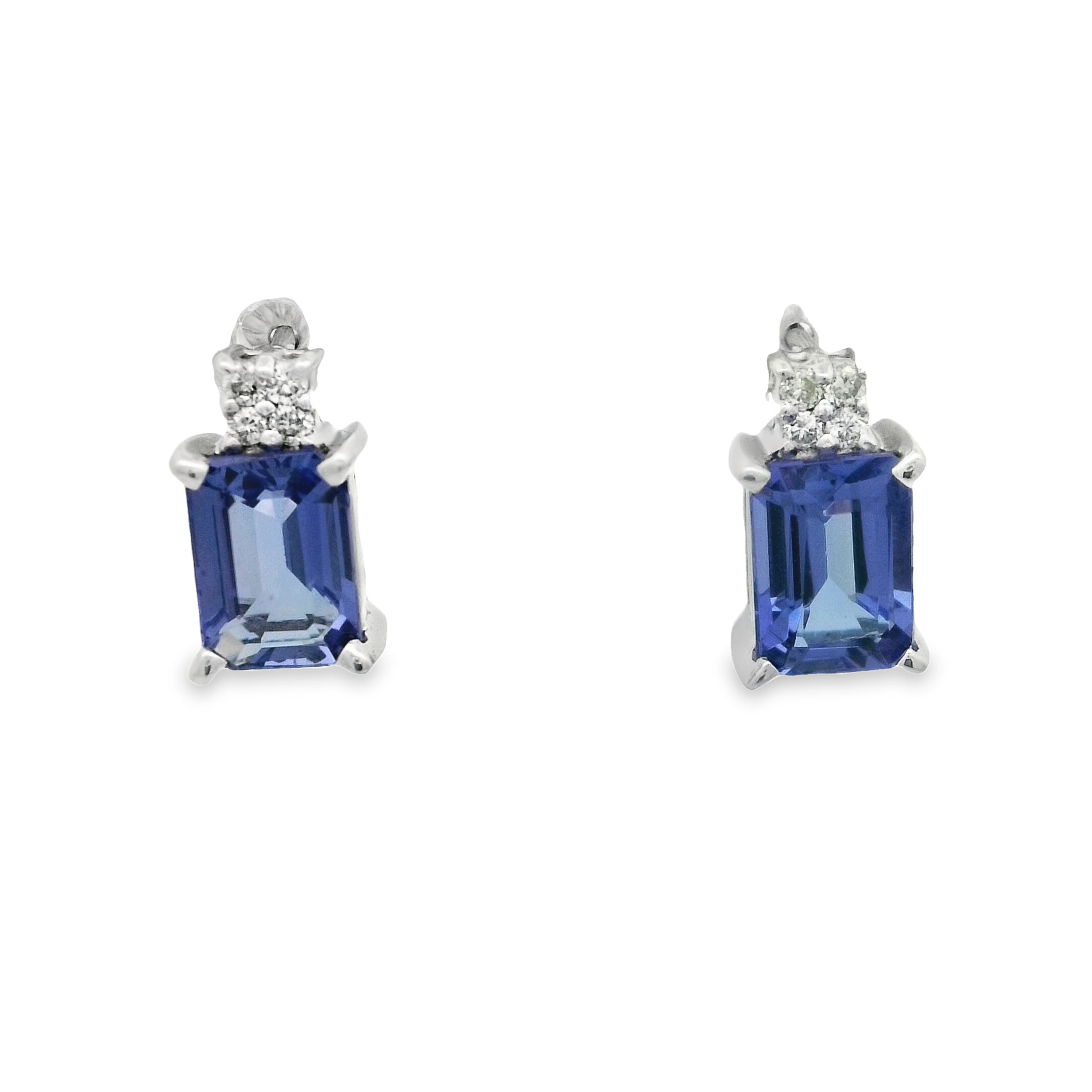 14KWG 2 - 1.90CTW EMERALD CUT TANZANITE & 8 BR DIAMONDS 0.08CT STUD EARRINGS