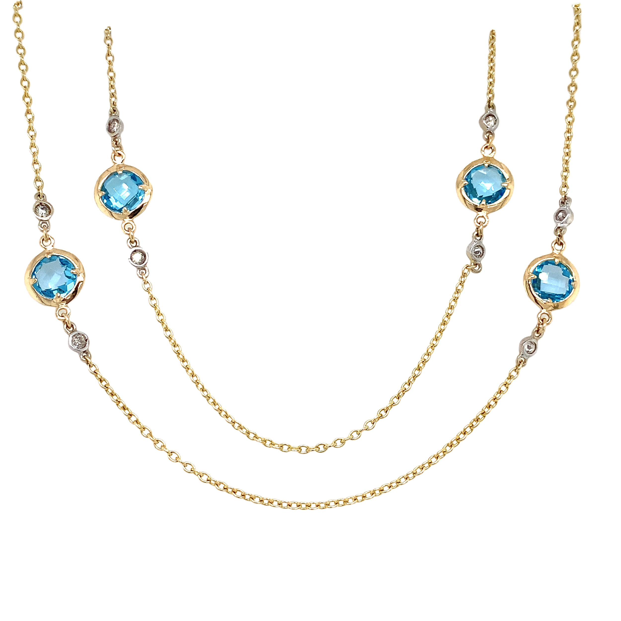 14K YG/WG 10 BLUE TOPAZ 10.30CT & 20 DIA'S 0.60CT BEZEL SET 44" NECKLACE