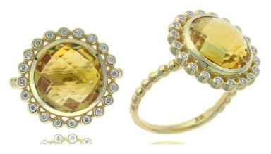 14KYG 5.50CT CITRINE & 20 BR DIA 0.14CT HALO RING W/BEADED BAND 14KYG 5.50CT CITRINE & 20 BR DIA 0.14CT HALO RING W/BEADED BAND