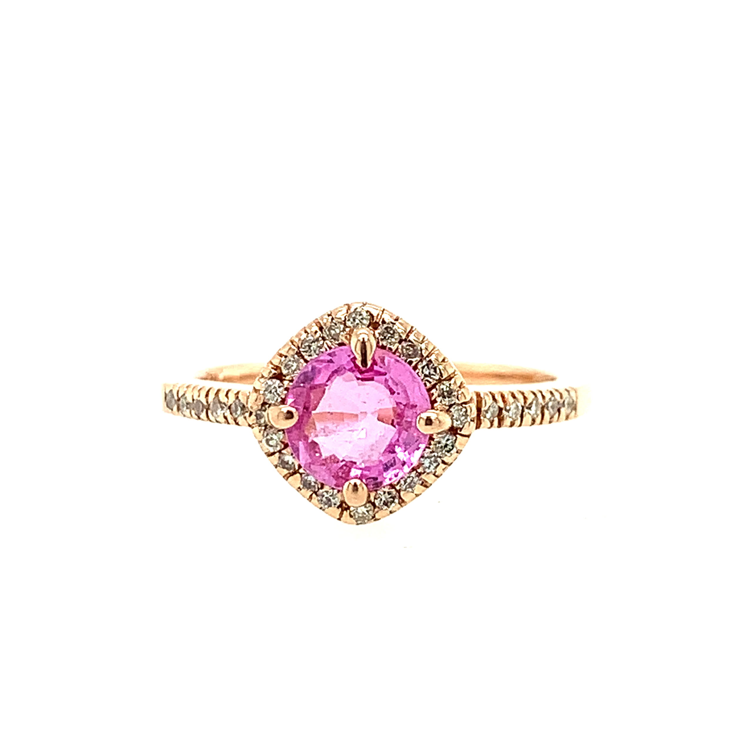 14KRG 1.00CT ROUND PINK SAPPHIRE & 30 BR DIAMONDS 0.15CT CUSHION HALO FASHION RING