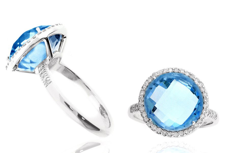 14KWG 8.00CT ROUND CHECKERBOARD BLUE TOPAZ & 46 BR DIA 0.28CT HALO RING