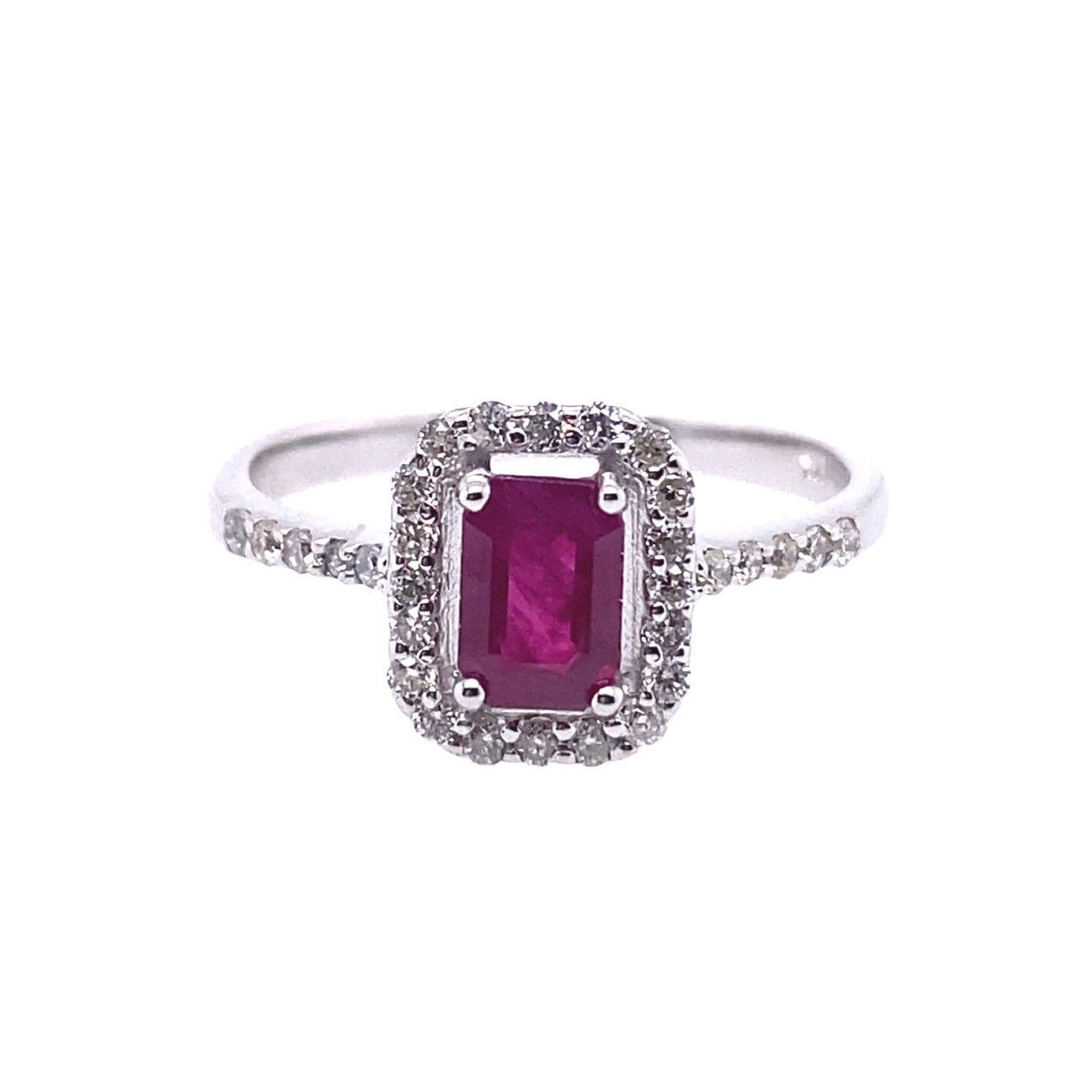 14K WG 0.70CT EMD CUT RUBY & 30 RD DIA'S 0.24CT HALO FASHION RING 14K WG 0.70CT EMD CUT RUBY & 30 RD DIA'S 0.24CT HALO FASHION RING