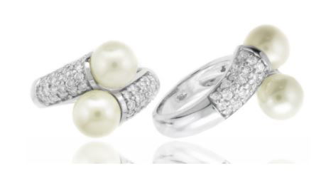 14K WHITE GOLD 2 WHITE FRESH WATER PEARLS 7.5-8MM & 40 ROUND DIAMONDS 0.87CT PAVE SET CROSS-OVER RING 14K WHITE GOLD 2 WHITE FRESH WATER PEARLS 7.5-8MM & 40 ROUND DIAMONDS 0.87CT PAVE SET CROSS-OVER RING