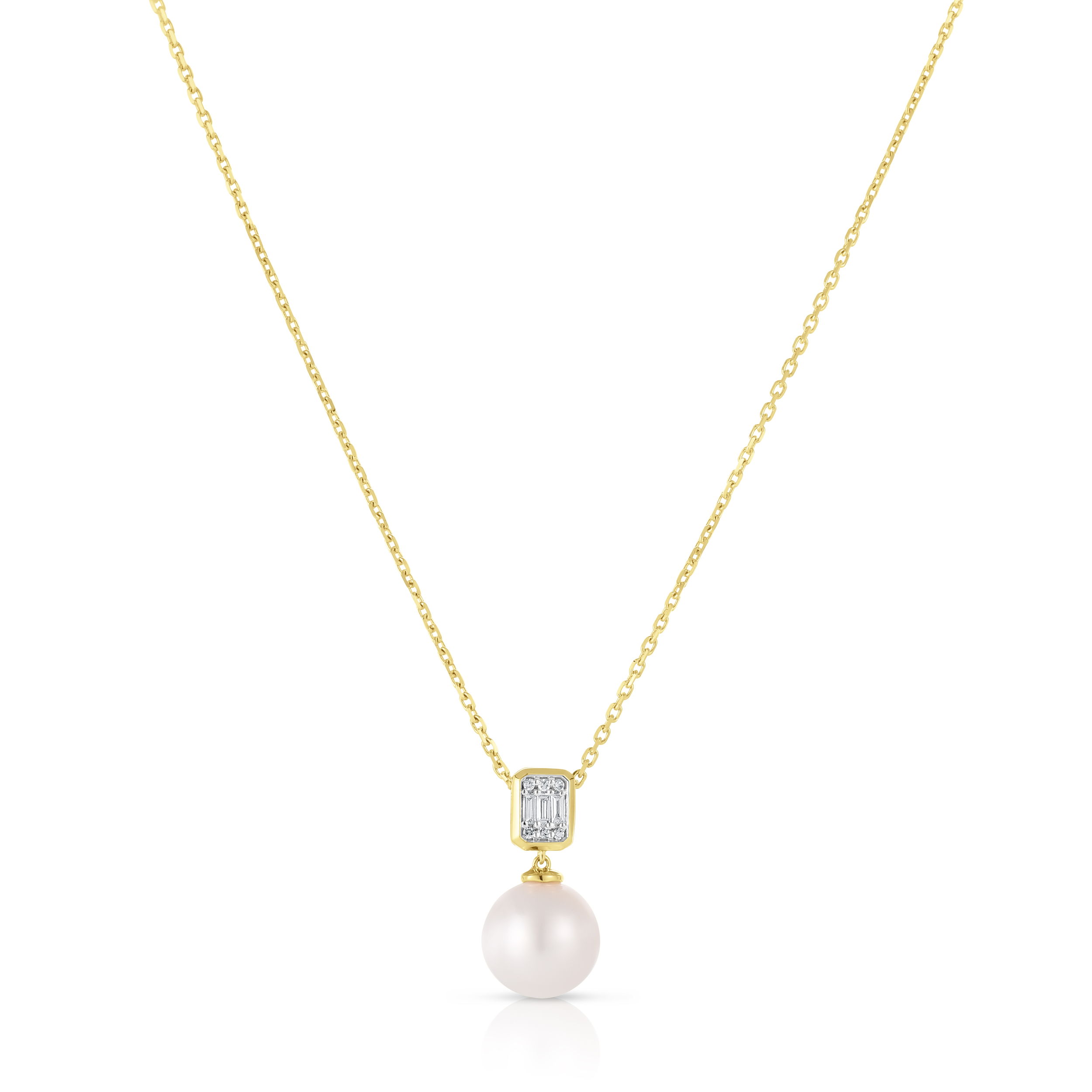 14K YELLOW GOLD 6 ROUND DIAMONDS & 3 BAGUETTE DIAMONDS 0.09CT FRESHWATER PEARL DROP NECKLACE- 18" CABLE CHAIN 14K YELLOW GOLD 6 ROUND DIAMONDS & 3 BAGUETTE DIAMONDS 0.09CT FRESHWATER PEARL DROP NECKLACE- 18" CABLE CHAIN