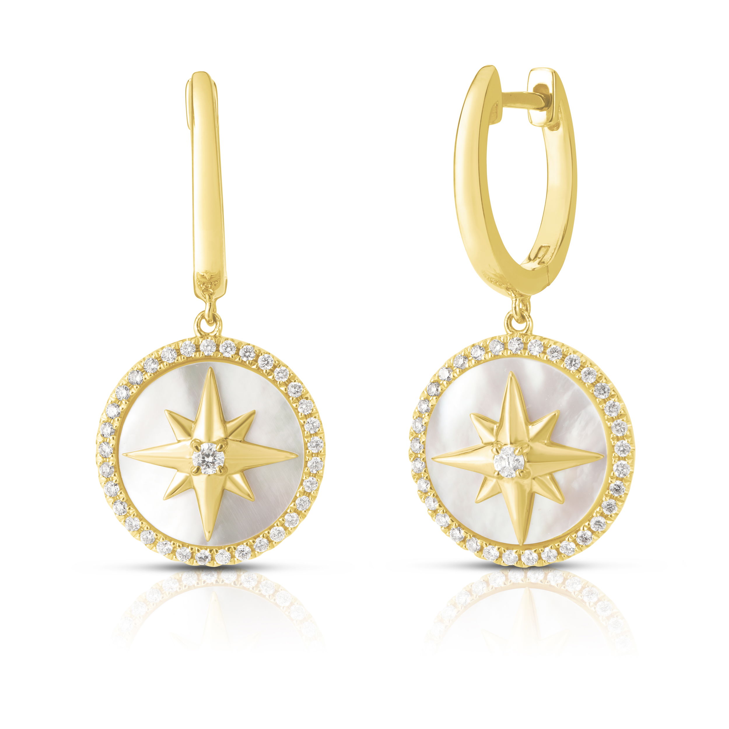 14KYG 68 BR DIAMONDS 0.28CT & MOTHER OF PEARL STAR MEDALLION DANGLE HUGGIE EARRINGS 14KYG 68 BR DIAMONDS 0.28CT & MOTHER OF PEARL STAR MEDALLION DANGLE HUGGIE EARRINGS