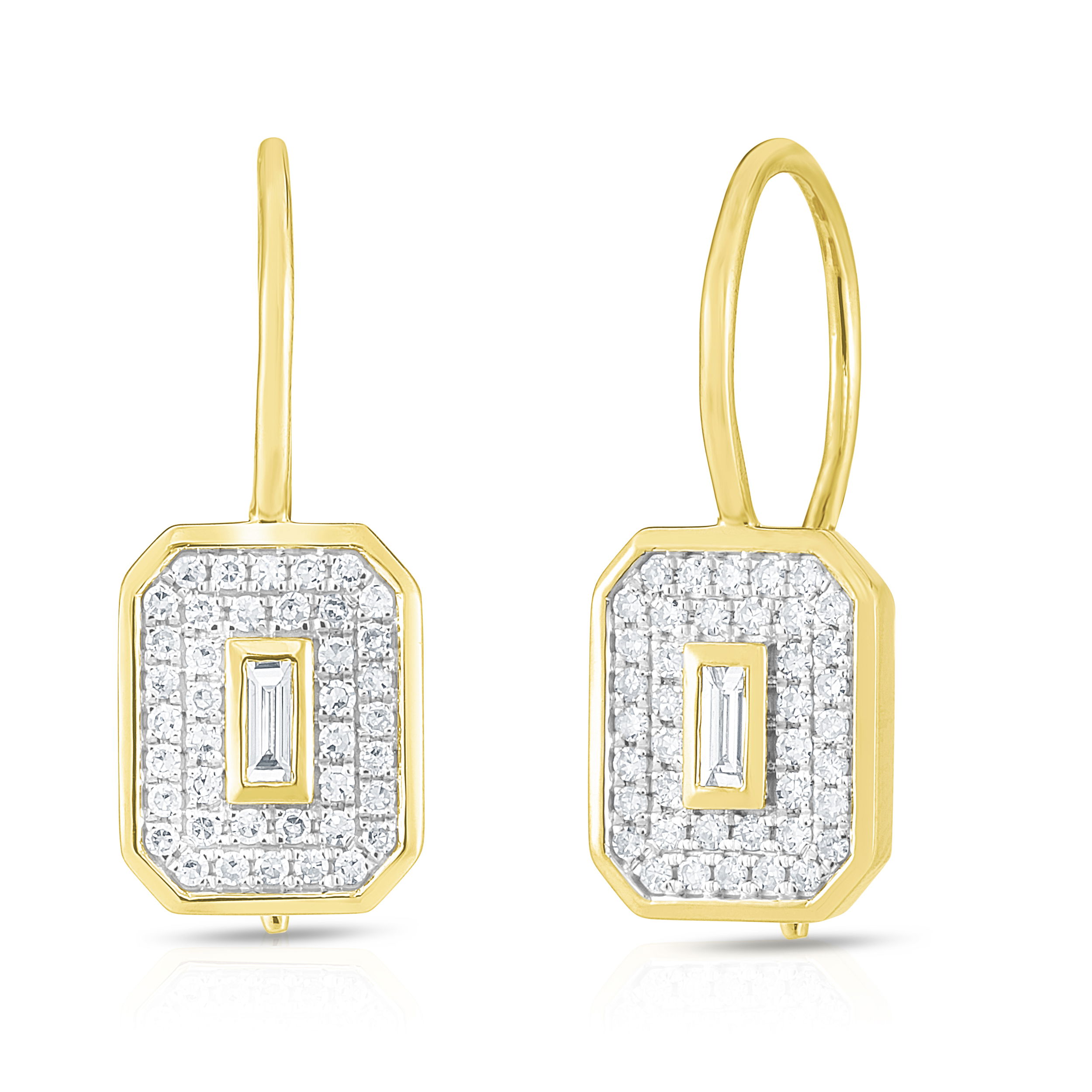 14KYG 2 BAGUETTES & 80 BR DIAMONDS 0.39CT EMERALD CUT HALO DROP EARRINGS