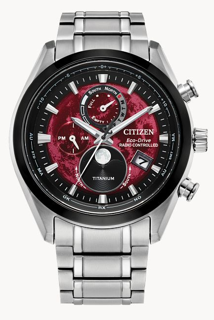 CITIZEN "TSUKI-YOMI" A-T ATOMIC MOONPHASE SPORT LUXURY MEN'S WATCH TITANIUM BRACELET WITH RED DIAL