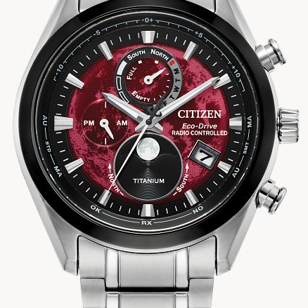 CITIZEN "TSUKI-YOMI" A-T ATOMIC MOONPHASE SPORT LUXURY MEN'S WATCH TITANIUM BRACELET WITH RED DIAL