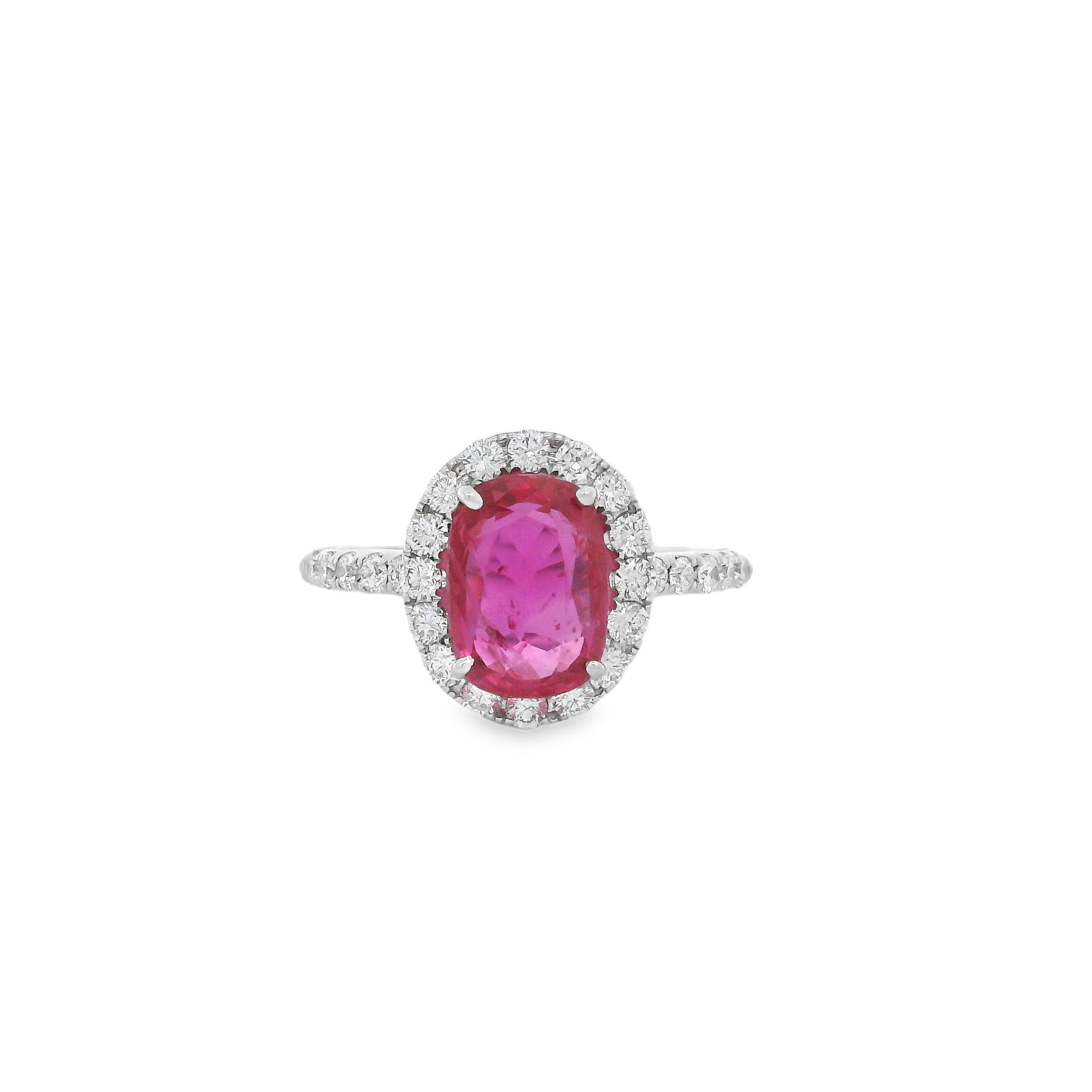 18KWG 2.61CT CUSHION RUBY (C.DUNN CERT#1908970) & 26 BR DIAMONDS 0.58CT HALO RING