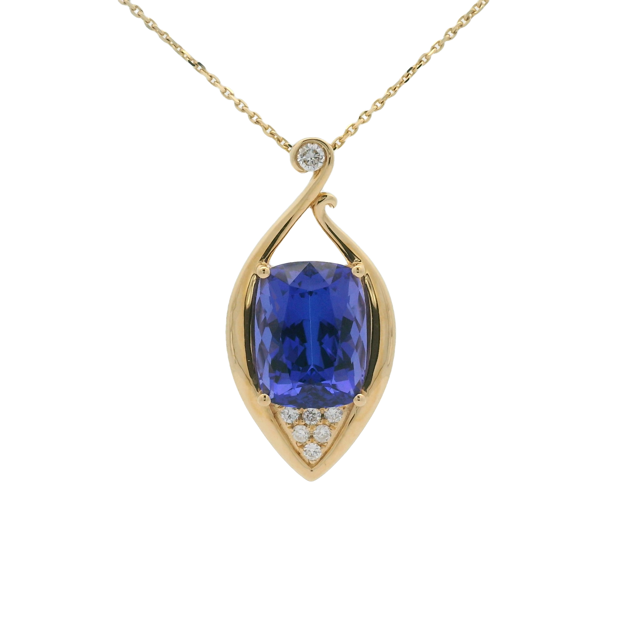 18KYG 4.91CT CUSHION TANZANITE & 7 BR DIAMONDS 0.12CT PENDANT W/18" CABLE CHAIN