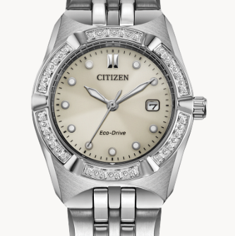 CITIZEN LADIES "CORSO" ECO-DRIVE STAINLESS STEEL WATCH WITH CRYSTAL ACCENTED BEZEL AND BEIGE DIAL