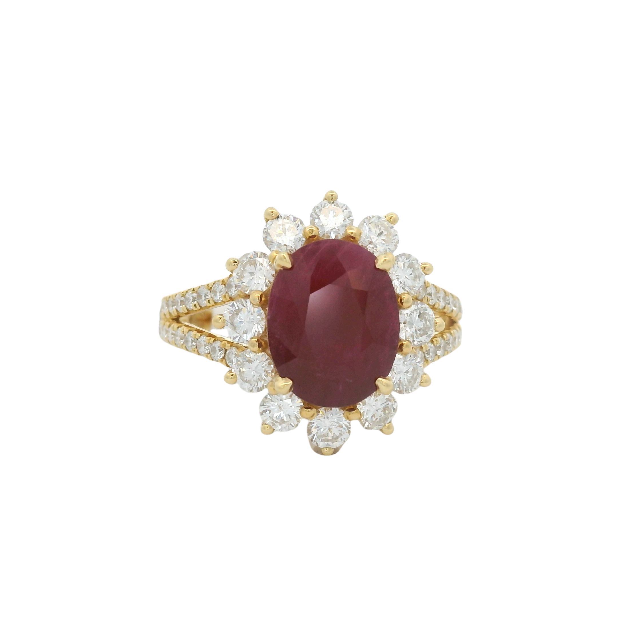 18KYG 3.05 OVAL RUBY & 49 BR DIAMONDS 1.27CT CLASSIC HALO SPLIT BAND RING 18KYG 3.05 OVAL RUBY & 49 BR DIAMONDS 1.27CT CLASSIC HALO SPLIT BAND RING