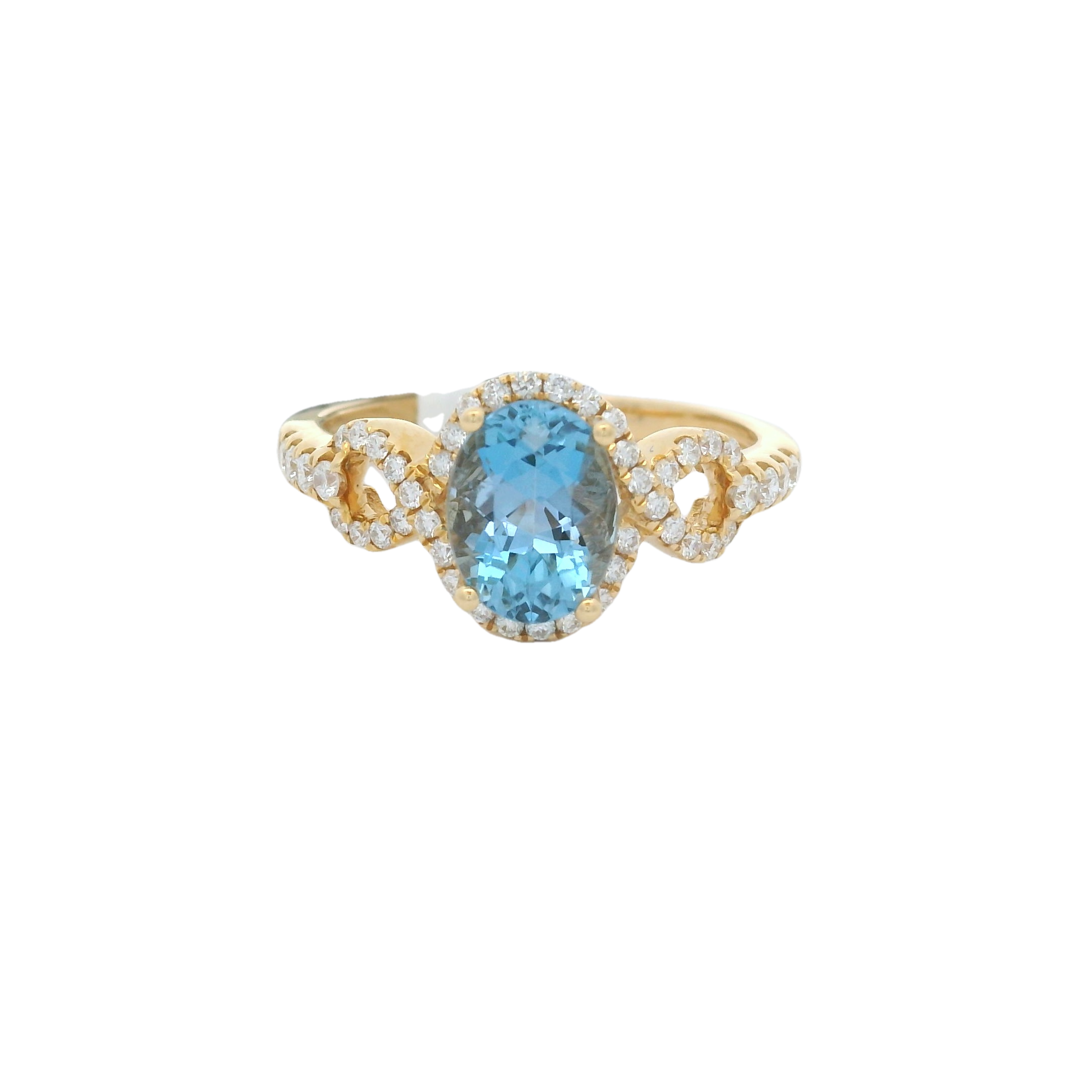 18KYG 1.39CT OVAL AQUAMARINE & 46 BR DIAMONDS 0.34CT HALO FASHION RING 18KYG 1.39CT OVAL AQUAMARINE & 46 BR DIAMONDS 0.34CT HALO FASHION RING