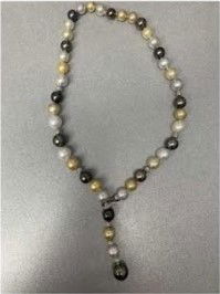 18KWG 42 TRI-COLOR 9.2-11.9MM SOUTH SEA PEARLS & DIAMOND CUT BEADS 18" LARIAT W/37 BR DIAMONDS 0.23CT ACCENTED CLASP