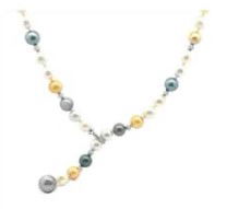 18KWG 39 TRI-COLOR SOUTH SEA PEARLS 9.0-11.3MM & DIAMOND CUT BEADS 18" LARIAT NECKLACE W/14 BR DIAMONDS 0.14CT ACCENTED CLASP
