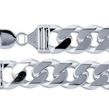RHOD. PLATED SILVER 13.3MM BEVELED CURB 9" CHAIN