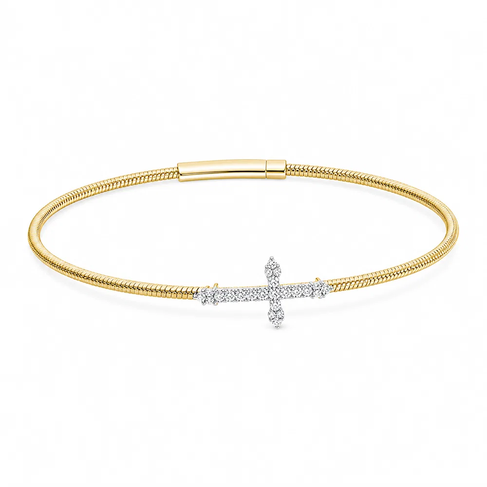 14K Yellow Gold Diamond Cross Charm Flexi Bangle