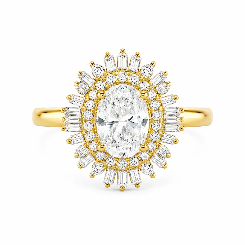 14K Yellow Gold Round & Baguette Double Halo Engagement Ring