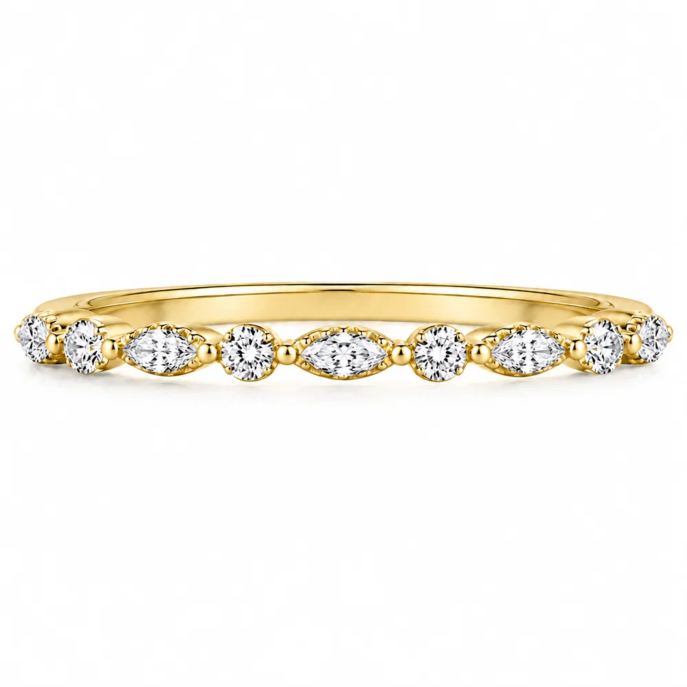 14K Yellow Gold Round & Marquise Stackable Wedding Band