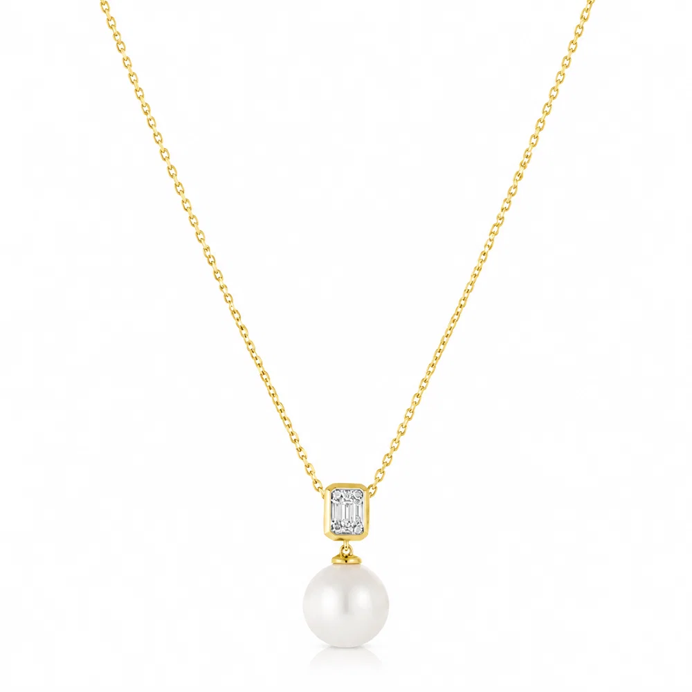 14K Yellow Gold Diamond & Freshwater Pearl Necklace