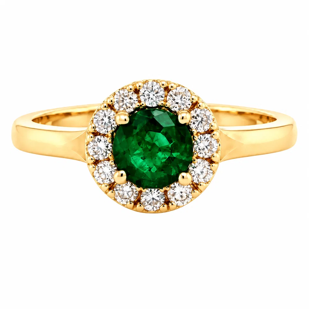Lush green emerald and gold diamond halo ring