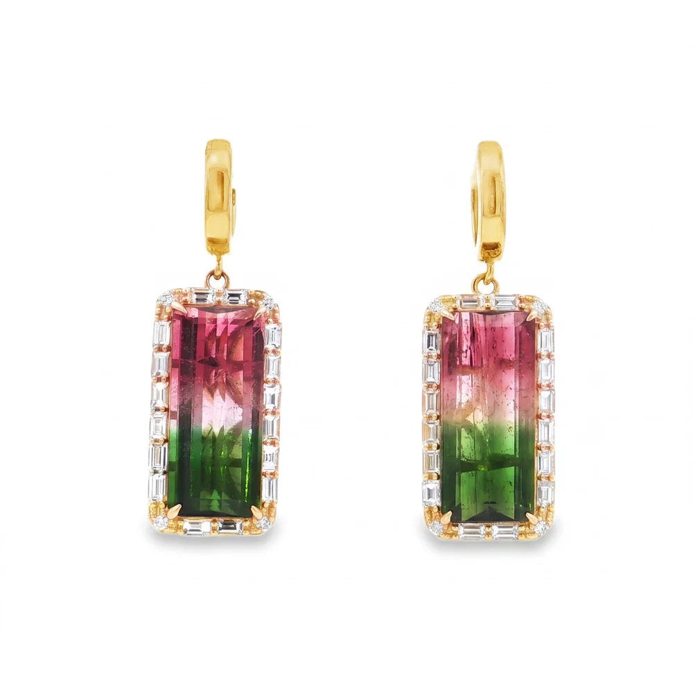Watermelon tourmaline and diamond earrings set in yellow gold