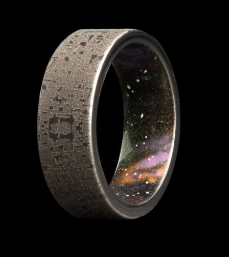 8MM Tungsten Flat Polished w/Meteorite Engraving & Galaxy Pattern Cerakote Interior Sleeve -- Size 10 8MM Tungsten Flat Polished w/Meteorite Engraving & Galaxy Pattern Cerakote Interior Sleeve -- Size 10
