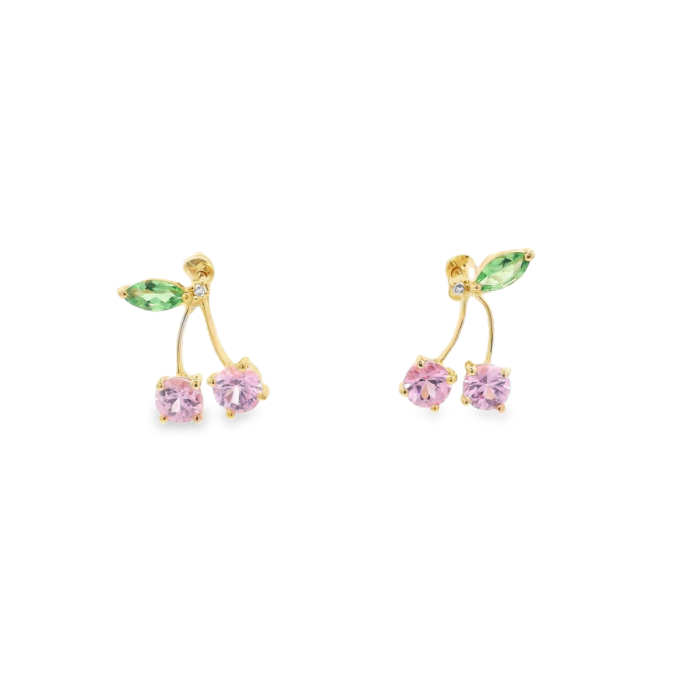 14KYG 2 DIA 0.01CT -- 2 MQ TSAVORITE GARNET & 4 PINK TOURMALINE 0.79CTW CHERRY STUD EARRINGS