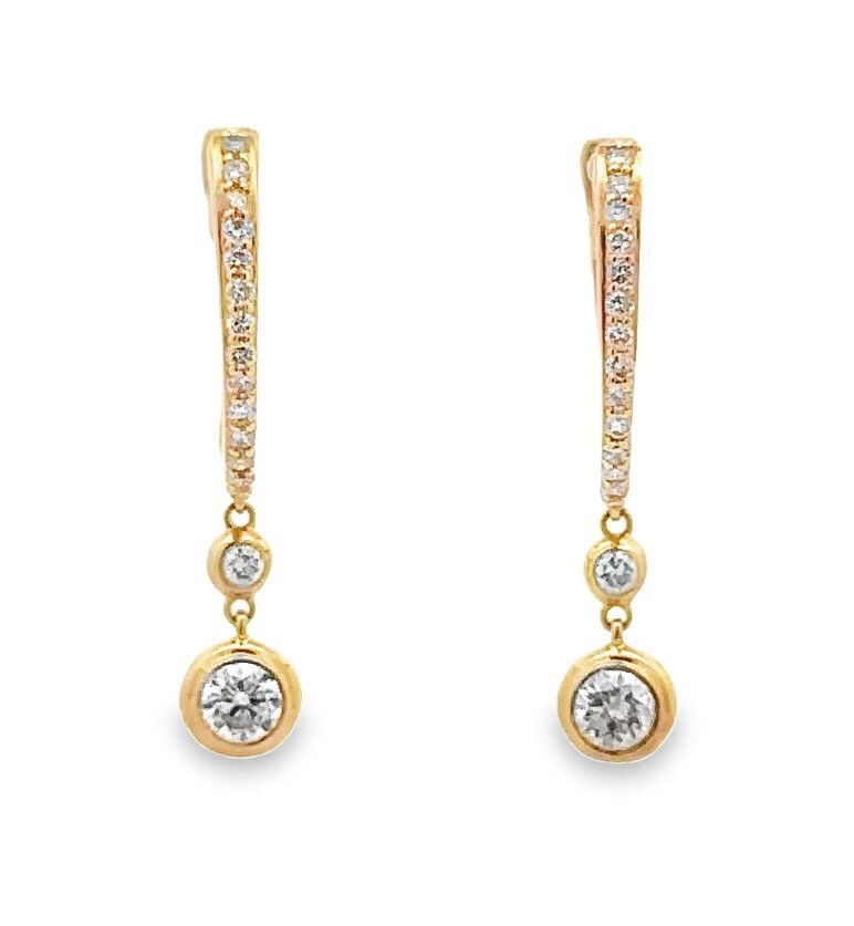 EARRINGS 32RD 14KY 14KYG 2 BR DIAMONDS 0.41CT & 30 BR DIAMONDS 0.33CT BEZEL SET DANGLE HOOP EARRINGS