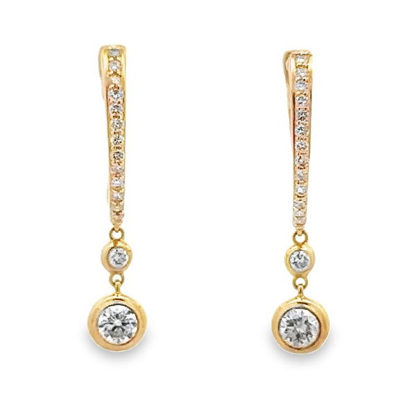 Closeup photo of 14KYG 2 BR DIAMONDS 0.41CT & 30 BR DIAMONDS 0.33CT BEZEL SET DANGLE HOOP EARRINGS