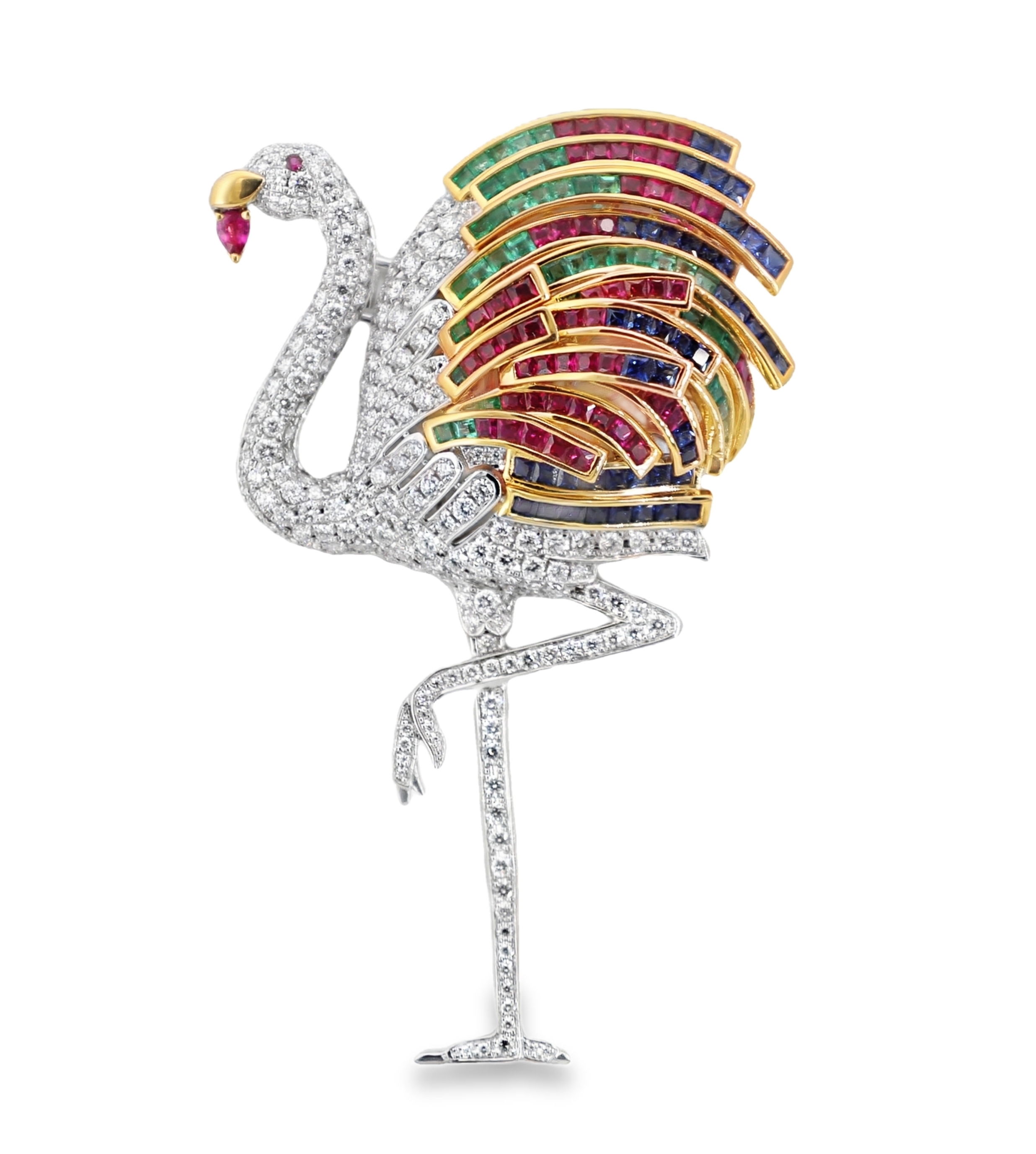 14KWG/YG FLAMINGO BROOCH W/63 RUBIES 2.80CT -- 20 EMERALDS 1.51CT -- 45 BLUE SAPPHIRES 2.39CT -- 316 BR DIAMONDS 3.55CT 14KWG/YG FLAMINGO BROOCH W/63 RUBIES 2.80CT -- 20 EMERALDS 1.51CT -- 45 BLUE SAPPHIRES 2.39CT -- 316 BR DIAMONDS 3.55CT