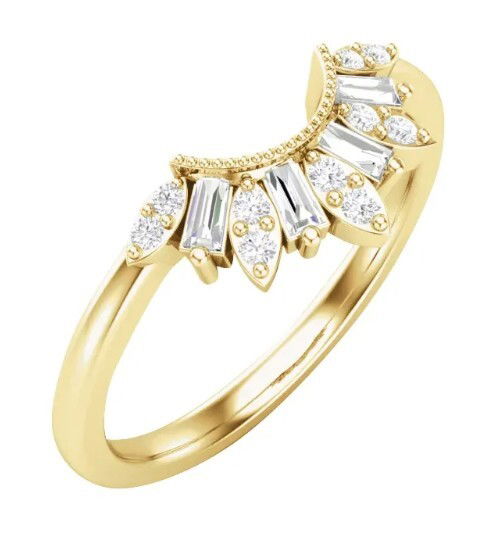 14KYG 4 BAGUETTES & 10 BR DIAMONDS 0.20CT CURVED PRONG SET BAND