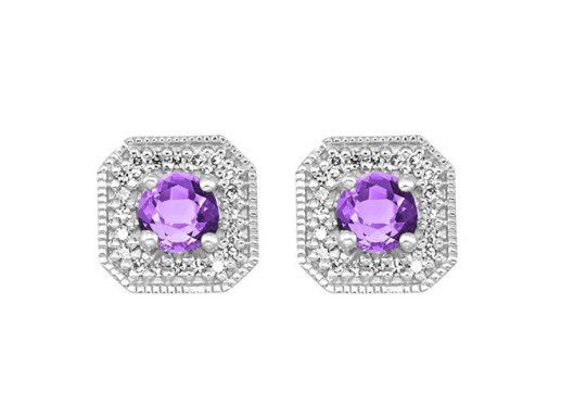 10KWG 2 AMETHYST 0.50CT & 44 BR DIAMONDS 0.10CT "FEBRUARY" BIRTHSTONE HALO STUD EARRINGS 10KWG 2 AMETHYST 0.50CT & 44 BR DIAMONDS 0.10CT "FEBRUARY" BIRTHSTONE HALO STUD EARRINGS