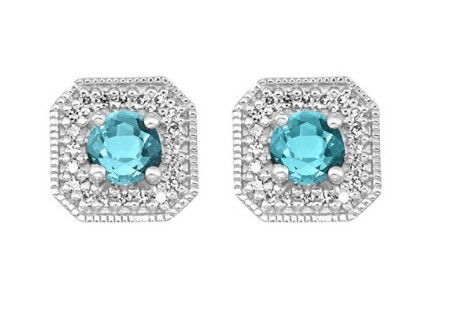 10KWG 2 AQUAMARINE 0.50CT & 44 BR DIAMONDS 0.10CT "MARCH" BIRTHSTONE HALO STUD EARRINGS 10KWG 2 AQUAMARINE 0.50CT & 44 BR DIAMONDS 0.10CT "MARCH" BIRTHSTONE HALO STUD EARRINGS