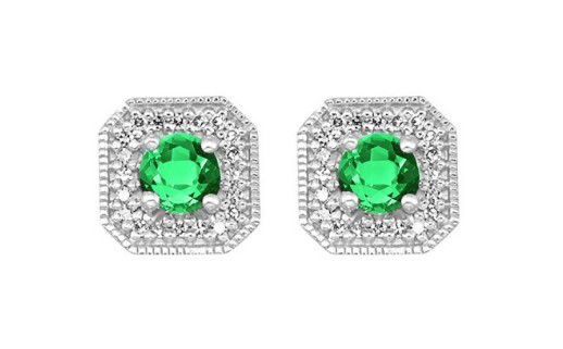 10KWG 2 CREATED EMERALD 0.50CT & 44 BR DIAMONDS 0.10CT "MAY" BIRTHSTONE HALO STUD EARRINGS