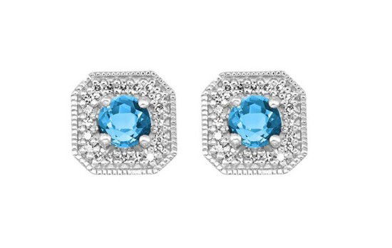 10KWG 2 BLUE TOPAZ 0.625CT & 44 BR DIAMONDS 0.10CT "DECEMBER" BIRTHSTONE HALO STUD EARRINGS