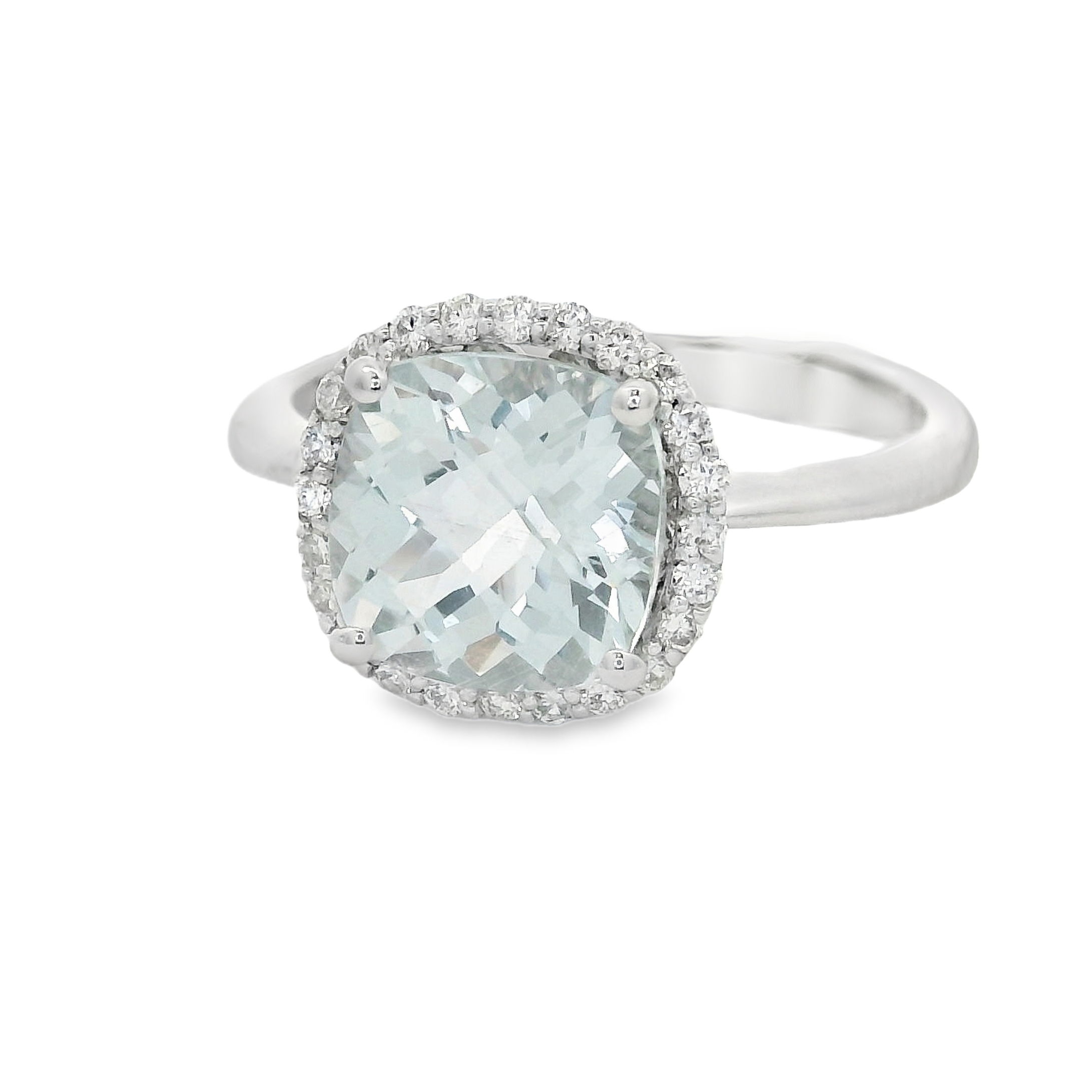 14K WG 1 CUSHION AQUA 2.25CT, 24 BR DIA 0.19CT LADIES RING 14K WG 1 CUSHION AQUA 2.25CT, 24 BR DIA 0.19CT LADIES RING