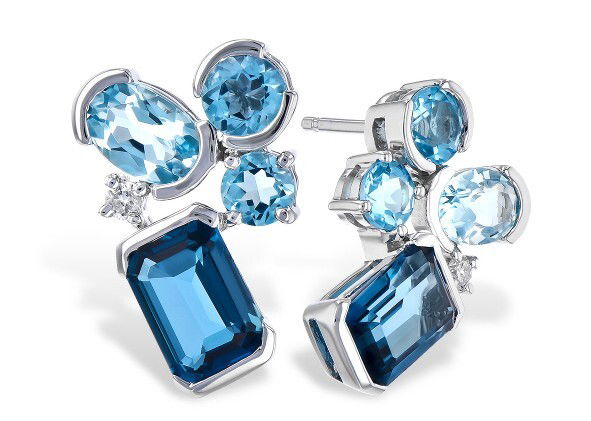 14KWG 2 BR DIAMONDS 0.04CT & 8 BLUE TOPAZ 4.15CT MIXED SHAPE EARRINGS 14KWG 2 BR DIAMONDS 0.04CT & 8 BLUE TOPAZ 4.15CT MIXED SHAPE EARRINGS