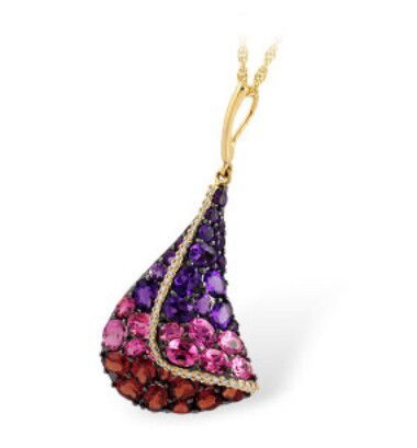 14KYG 25 AMETHYST - 14 PINK TOURMALINE - 10 GARNET 4.05CTW & 36 BR DIAMONDS 0.13CT FASHION PENDANT W/18" ROPE CHAIN