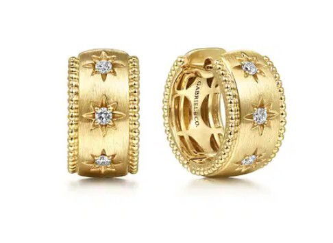 14KYG 6 BR DIAMONDS 0.15CT SATIN FINISH 15MM BUJUKAN HUGGIE HOOP EARRINGS