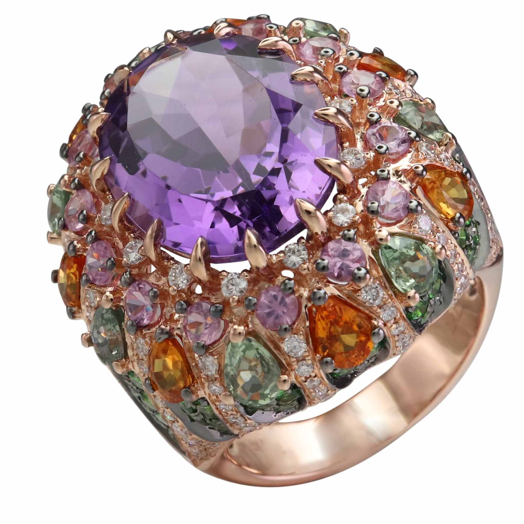 14KRG 16.5x12.5MM AMETHYST -- 160 BR DIAMONDS 0.90CT -- 74 TSAVORITE GARNETS -- ORANGE, PINK & GREEN SAPPHIRES -- FASHION RING -- TOTAL GEMSTONE WEIGHT: 15.7CT ***LIMITED EDITION*** 14KRG 16.5x12.5MM AMETHYST -- 160 BR DIAMONDS 0.90CT -- 74 TSAVORITE GARNETS -- ORANGE, PINK & GREEN SAPPHIRES -- FASHION RING -- TOTAL GEMSTONE WEIGHT: 15.7CT ***LIMITED EDITION***