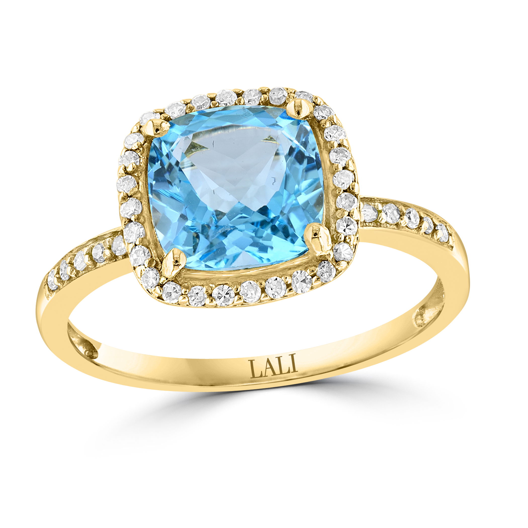 14KYG 2.65CT CUSHION SWISS BLUE TOPAZ & 38 DIAMONDS 0.15CT HALO RING 14KYG 2.65CT CUSHION SWISS BLUE TOPAZ & 38 DIAMONDS 0.15CT HALO RING